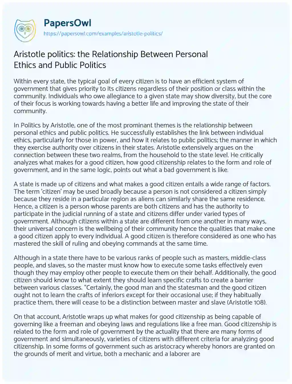 Essay on Aristotle politics: the Relationship Between Personal Ethics and Public Politics