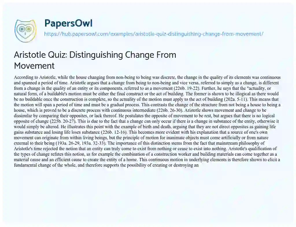 Essay on Aristotle Quiz: Distinguishing Change From Movement
