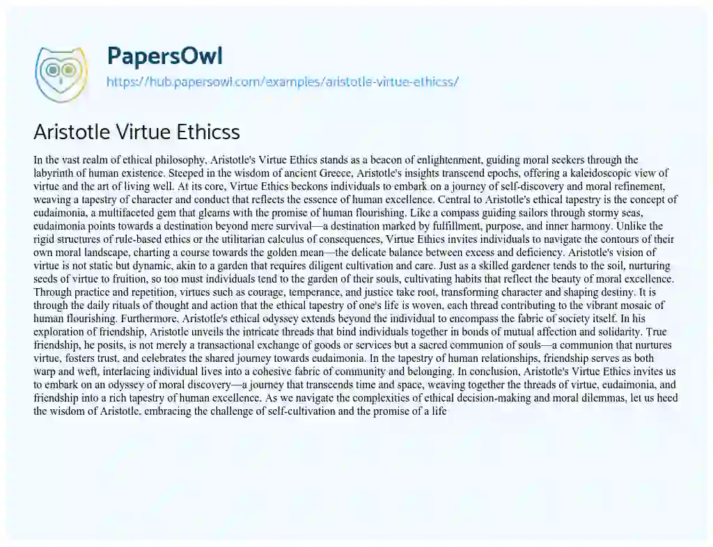 Essay on Aristotle Virtue Ethicss