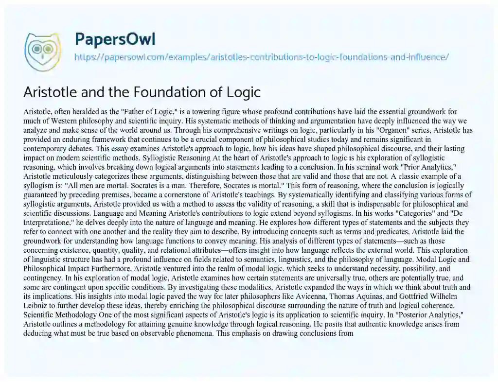 Essay on Aristotle and the Foundation of Logic