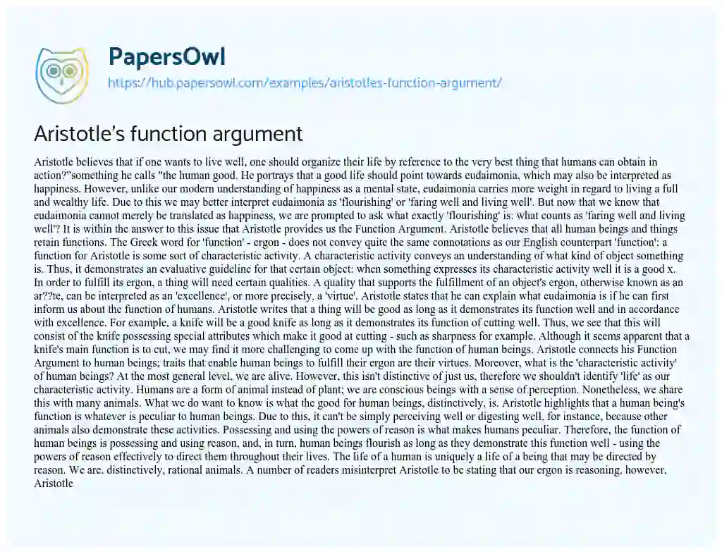 Essay on Aristotle’s function argument