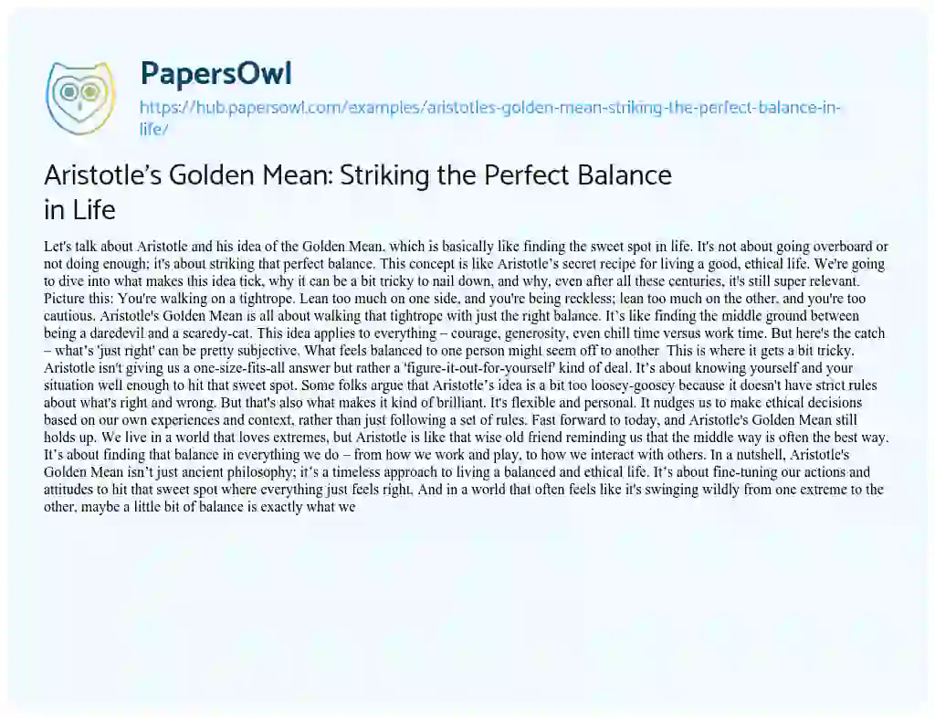 Essay on Aristotle’s Golden Mean: Striking the Perfect Balance in Life