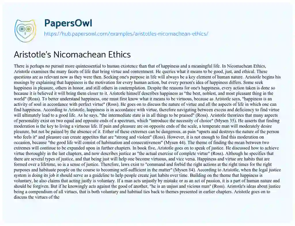 Essay on Aristotle’s Nicomachean Ethics
