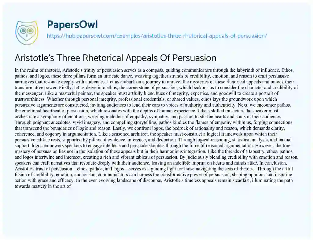 Essay on Aristotle’s Three Rhetorical Appeals Of Persuasion