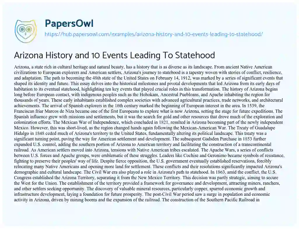 Essay on Arizona History and 10 Events Leading To Statehood