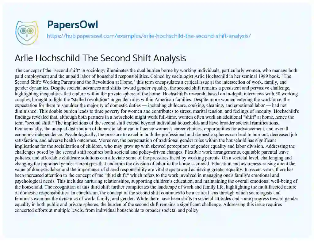 Essay on Arlie Hochschild The Second Shift Analysis