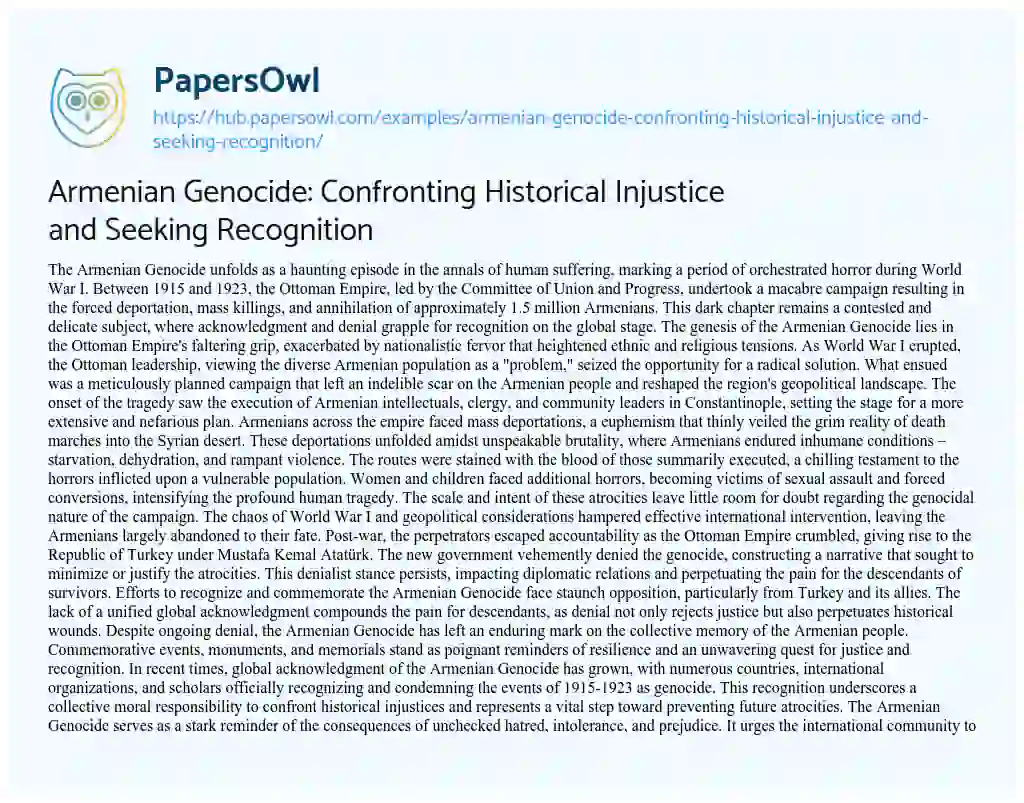 Essay on Armenian Genocide: Confronting Historical Injustice and Seeking Recognition