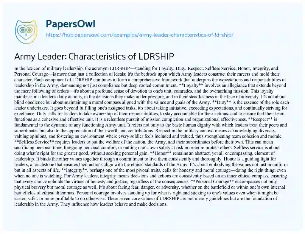 Essay on Army Leader: Characteristics of LDRSHIP