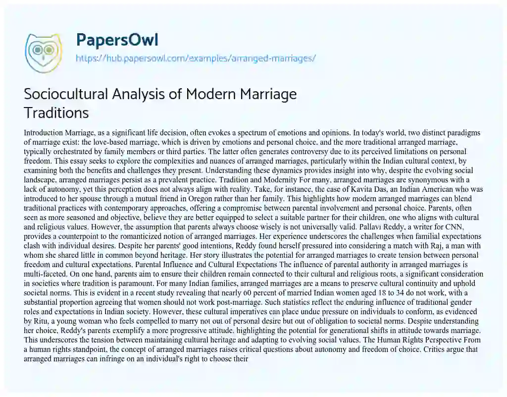 Essay on Sociocultural Analysis of Modern Marriage Traditions