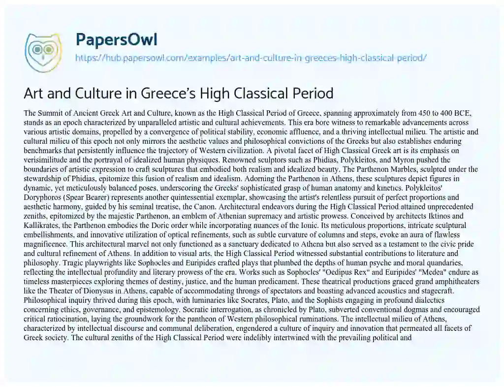 Essay on Art and Culture in Greece’s High Classical Period