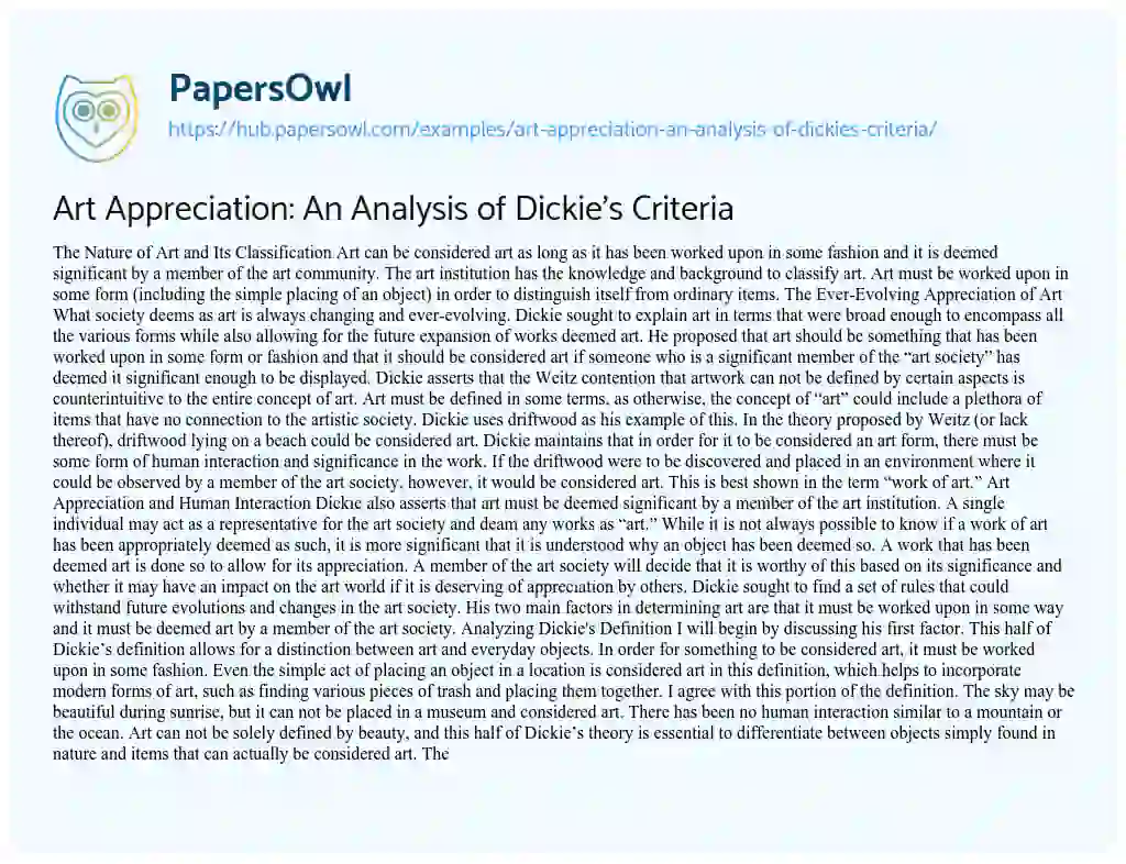 Essay on Art Appreciation: An Analysis of Dickie’s Criteria