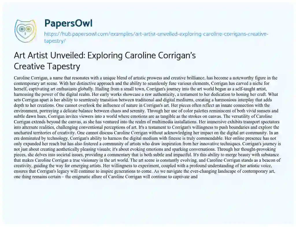 Essay on Art Artist Unveiled: Exploring Caroline Corrigan’s Creative Tapestry