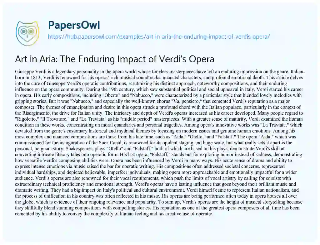 Essay on Art in Aria: The Enduring Impact of Verdi’s Opera