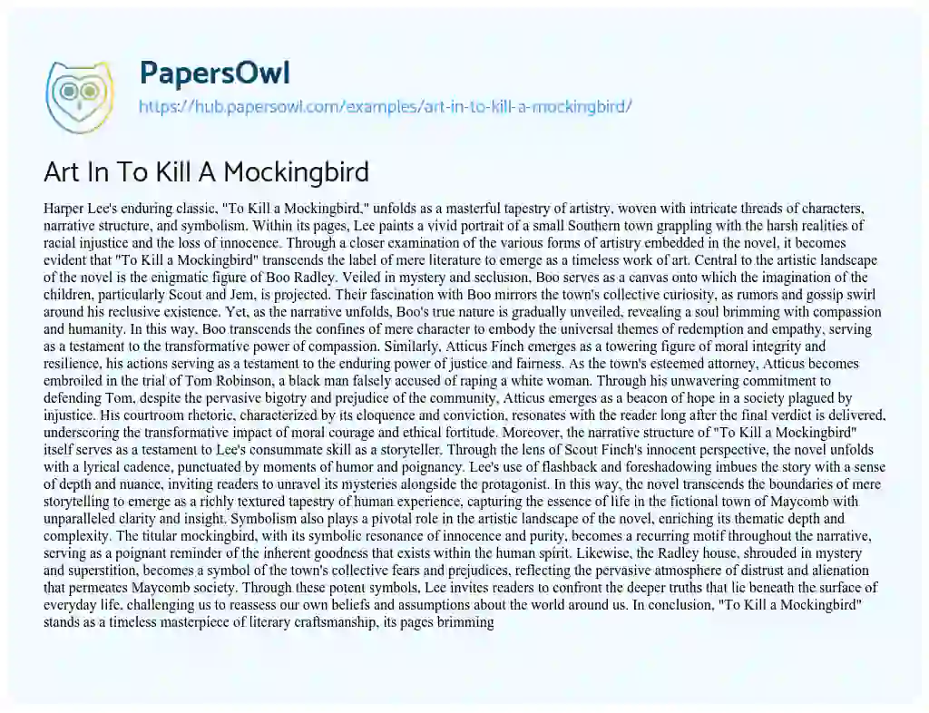 Essay on Art In To Kill A Mockingbird