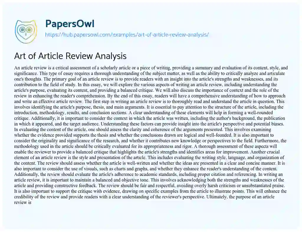 Essay on Art of Article Review Analysis