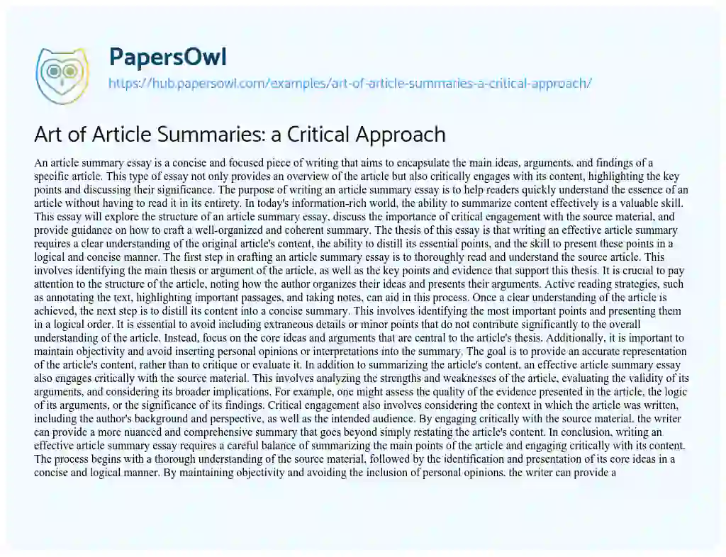 Essay on Art of Article Summaries: a Critical Approach