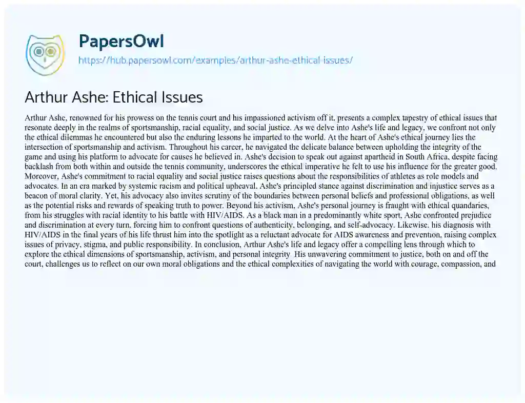 Essay on Arthur Ashe: Ethical Issues