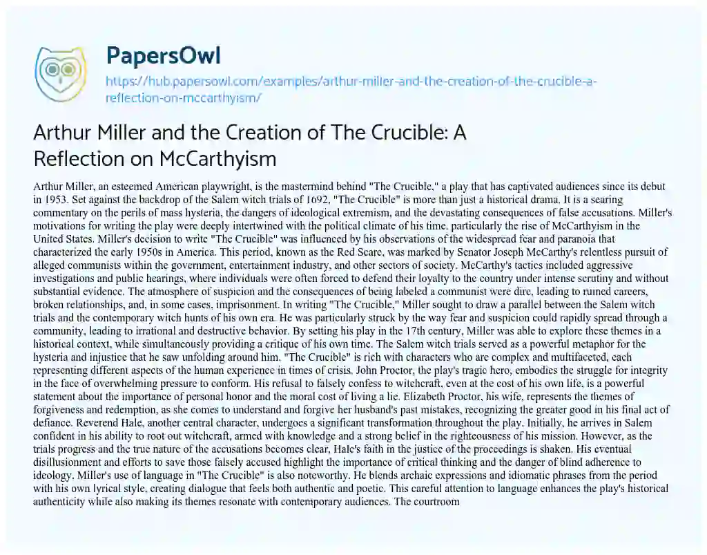 Essay on Arthur Miller and the Creation of The Crucible: A Reflection on McCarthyism