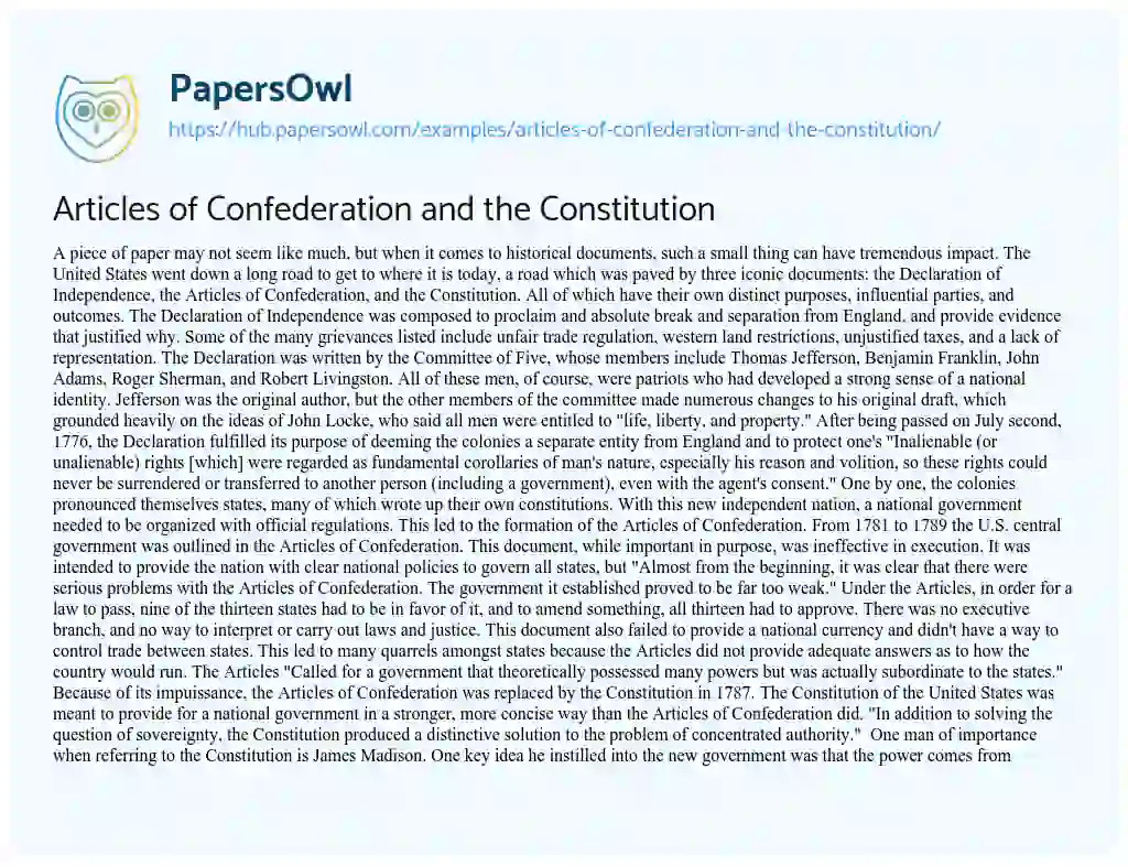 Essay on Articles of Confederation and the Constitution