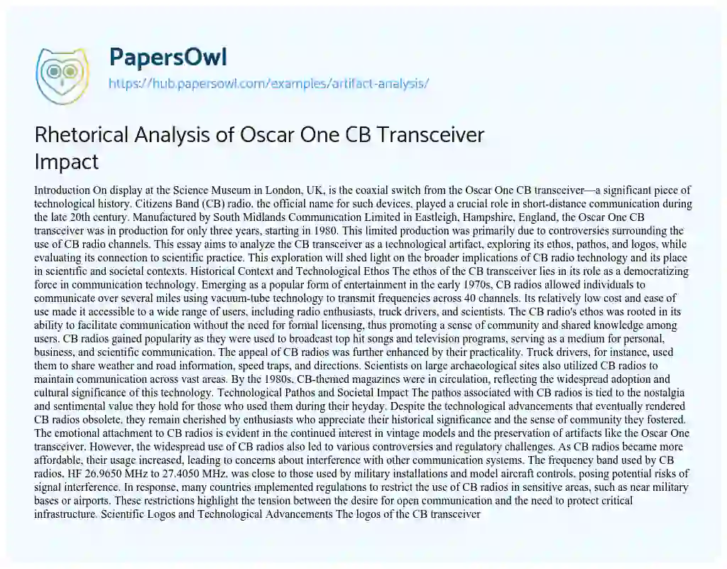 Essay on Rhetorical Analysis of Oscar One CB Transceiver Impact