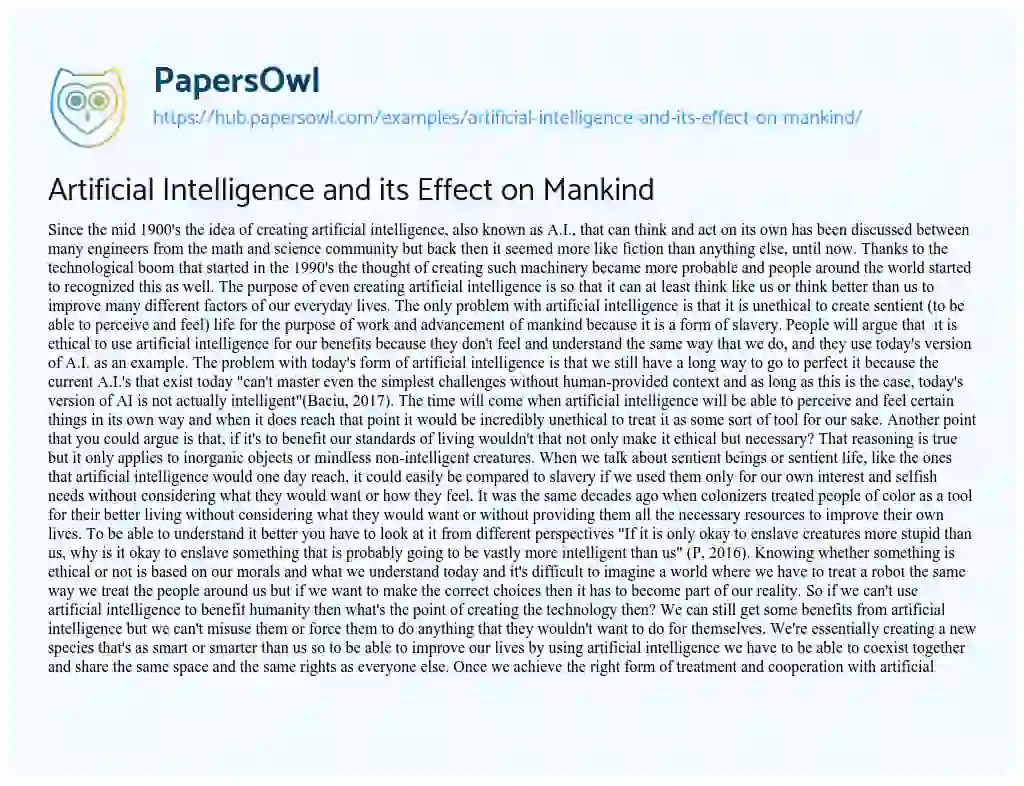 Essay on Artificial Intelligence and its Effect on Mankind