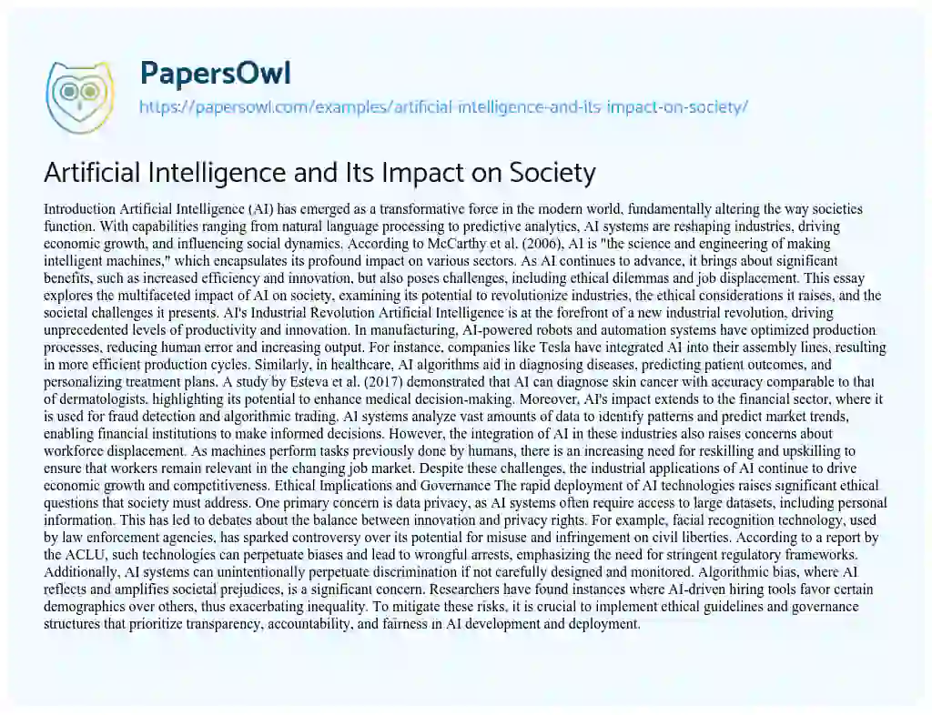 Essay on Artificial Intelligence and Its Impact on Society