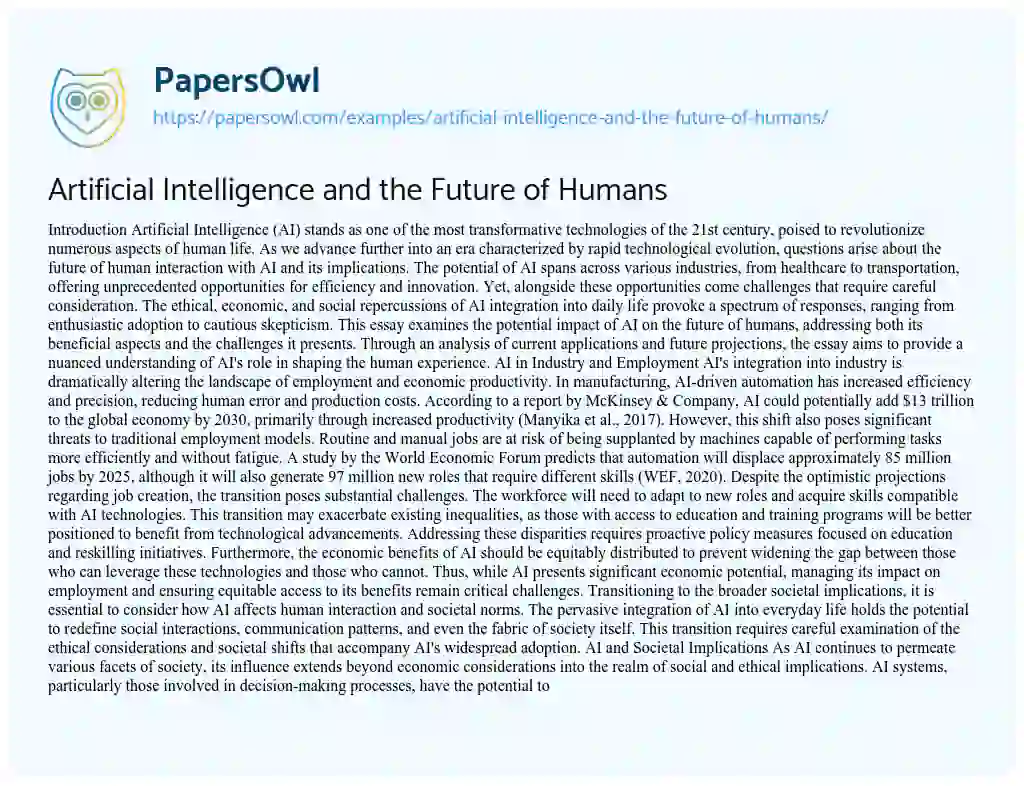 Essay on Artificial Intelligence and the Future of Humans