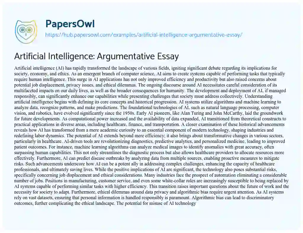 Essay on Artificial Intelligence: Argumentative Essay