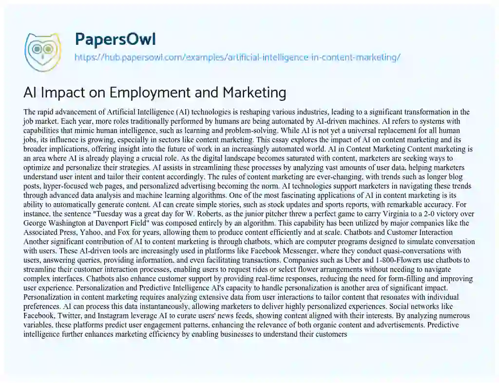 Essay on AI Impact on Employment and Marketing