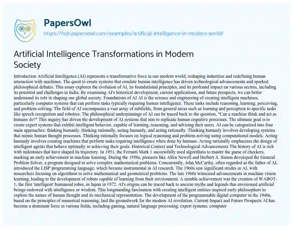 Essay on Artificial Intelligence Transformations in Modern Society