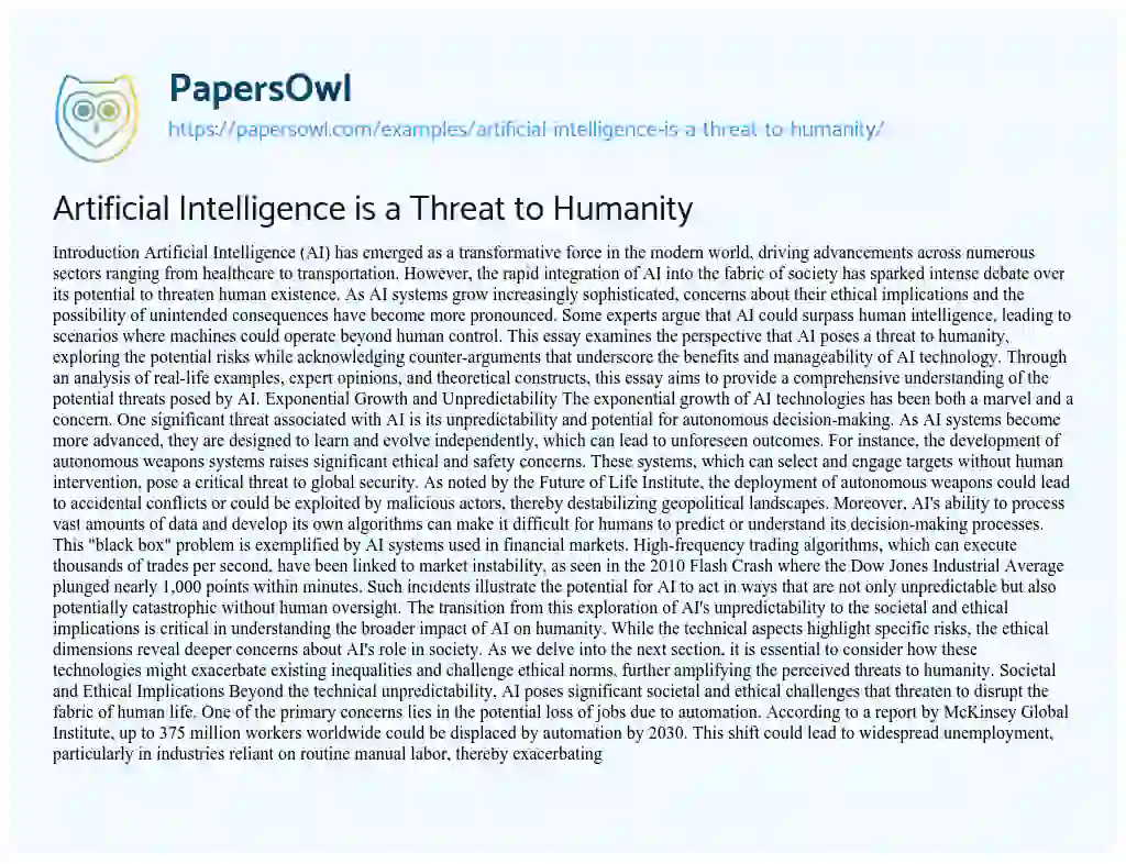 Essay on Artificial Intelligence is a Threat to Humanity
