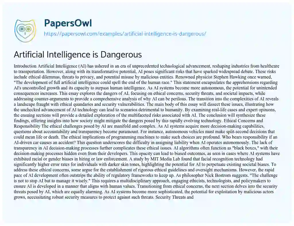 Essay on Artificial Intelligence is Dangerous