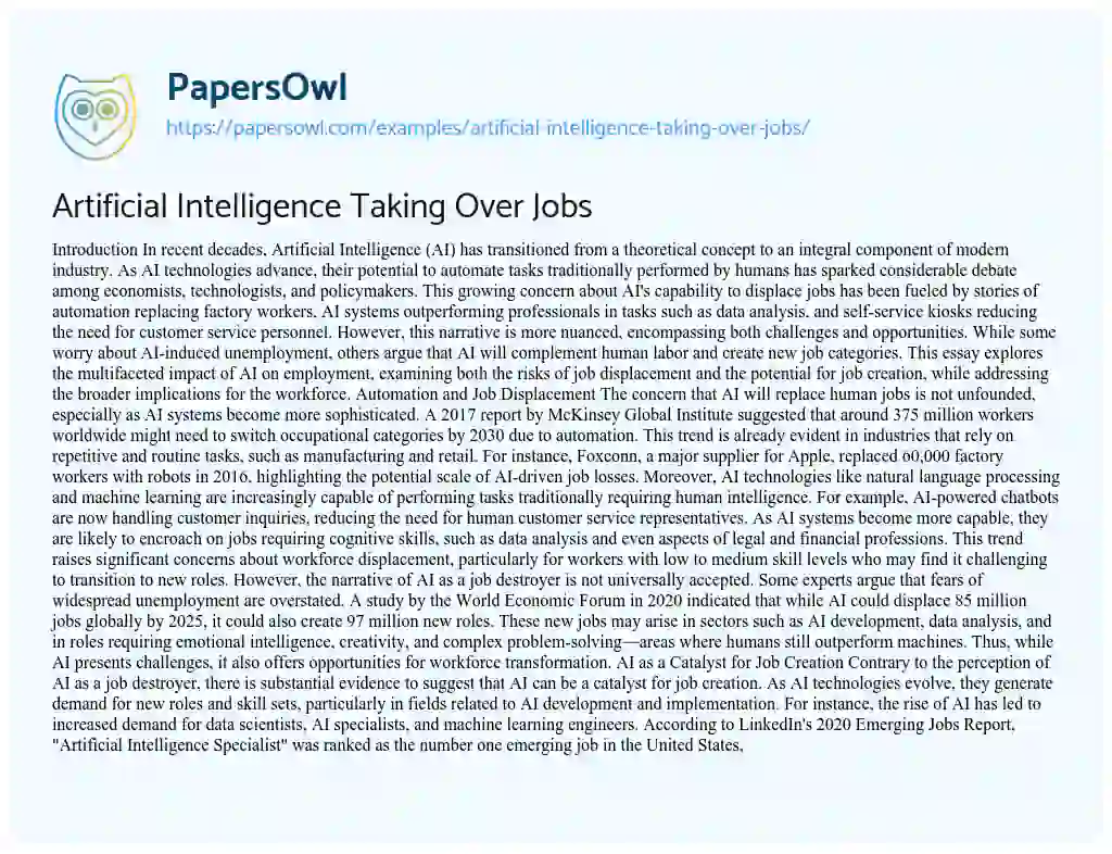Essay on Artificial Intelligence Taking Over Jobs