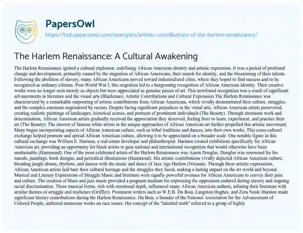 Essay on The Harlem Renaissance: A Cultural Awakening