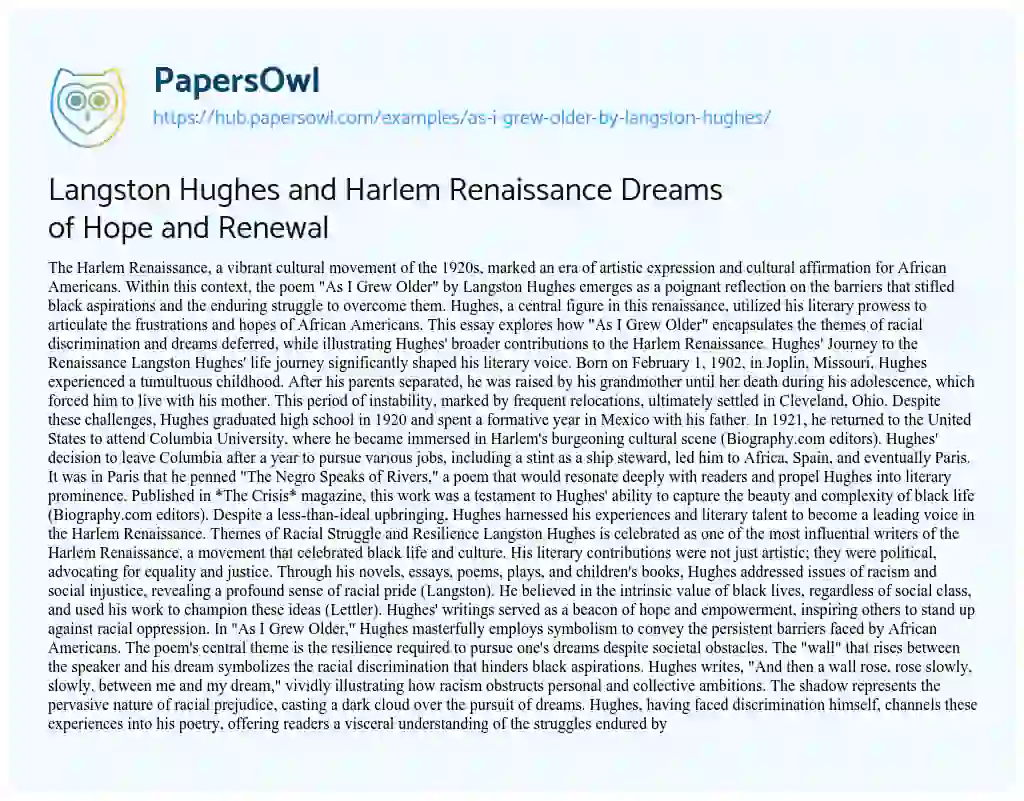 Essay on Langston Hughes and Harlem Renaissance Dreams of Hope and Renewal