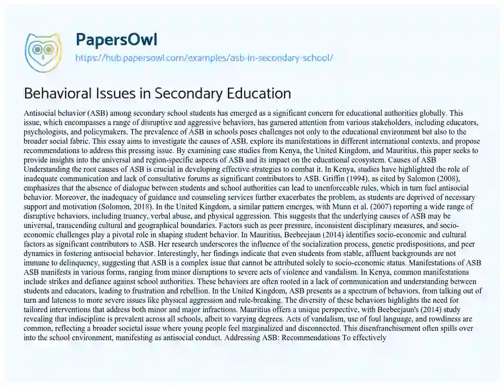 Essay on Behavioral Issues in Secondary Education