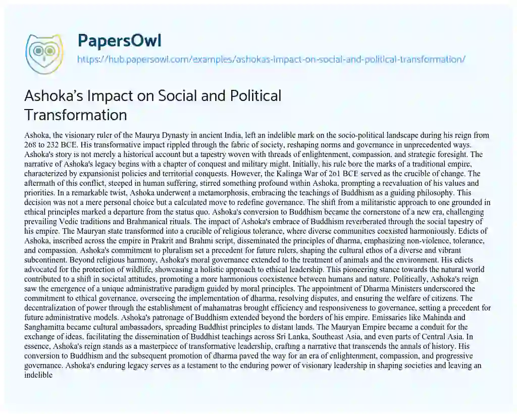 Essay on Ashoka’s Impact on Social and Political Transformation