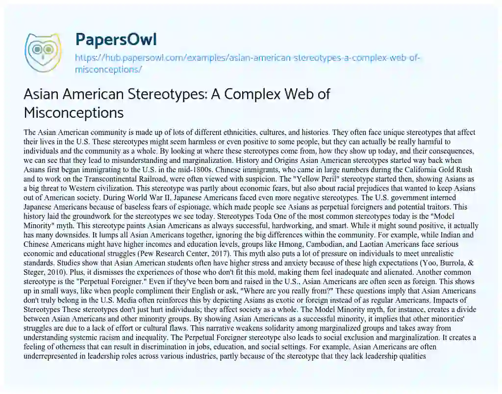 Essay on Asian American Stereotypes: A Complex Web of Misconceptions