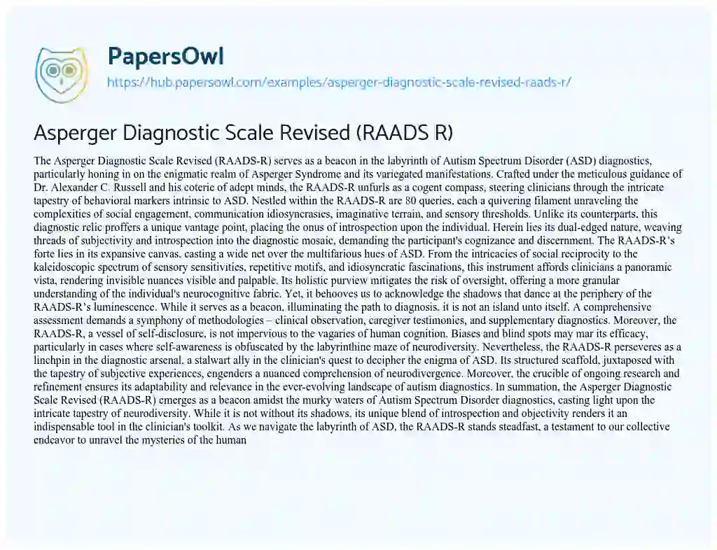 Essay on Asperger Diagnostic Scale Revised (RAADS R)