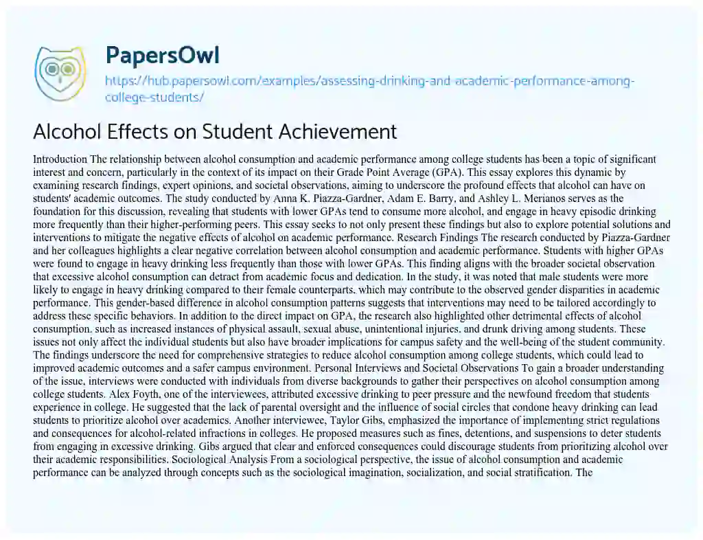 Essay on Alcohol Effects on Student Achievement