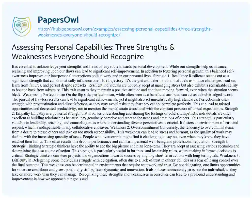 Essay on Assessing Personal Capabilities: Three Strengths & Weaknesses Everyone Should Recognize