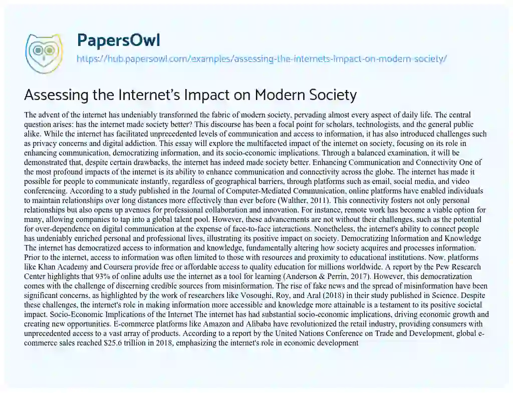 Essay on Assessing the Internet’s Impact on Modern Society