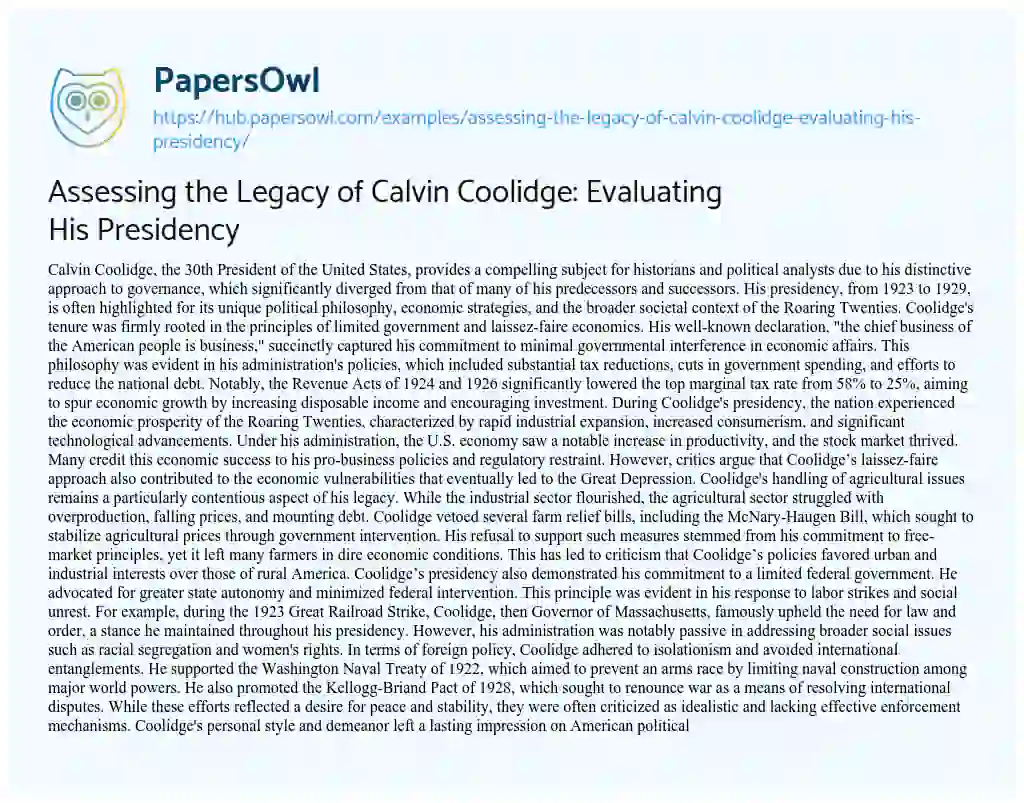 Essay on Assessing the Legacy of Calvin Coolidge: Evaluating His Presidency