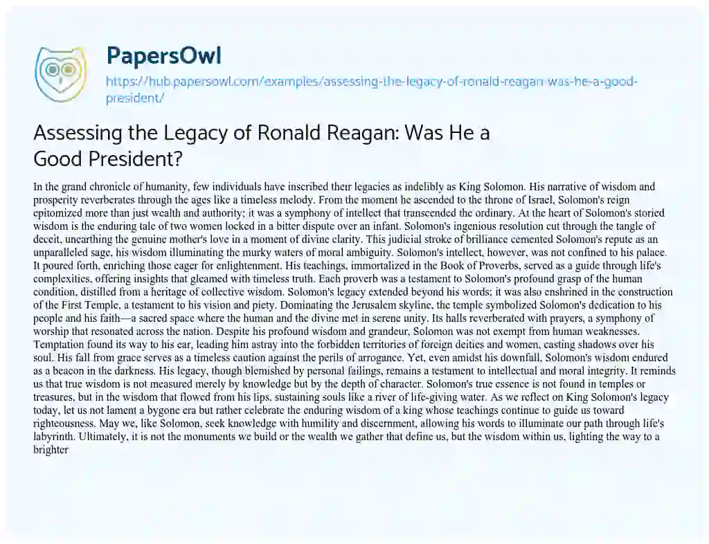 Essay on Assessing the Legacy of Ronald Reagan: Was He a Good President?