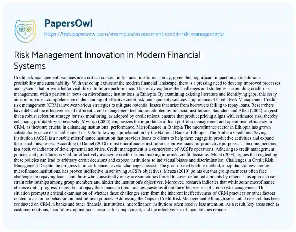 Essay on Risk Management Innovation in Modern Financial Systems