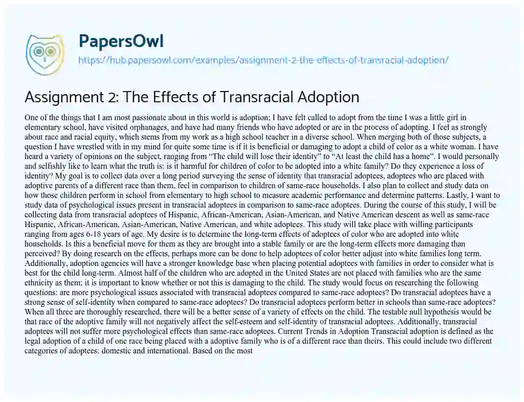 Essay on Assignment 2: The Effects of Transracial Adoption