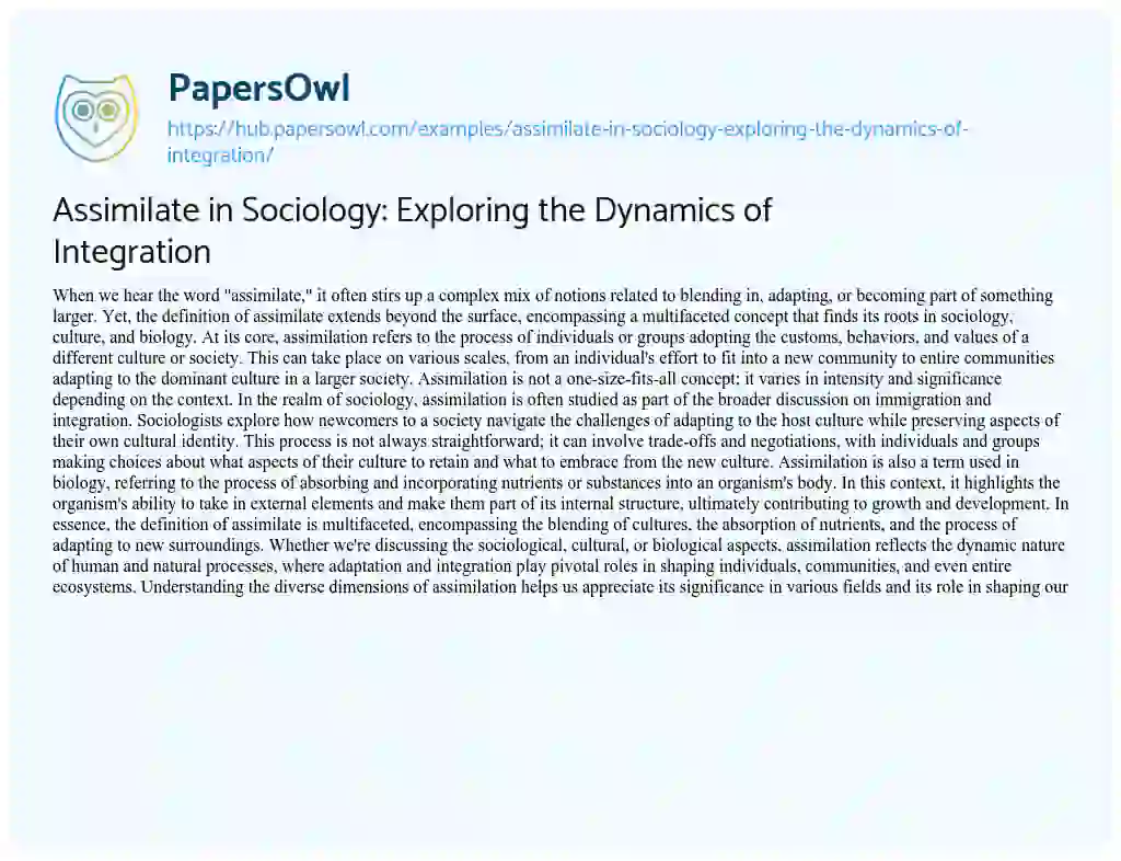 Essay on Assimilate in Sociology: Exploring the Dynamics of Integration