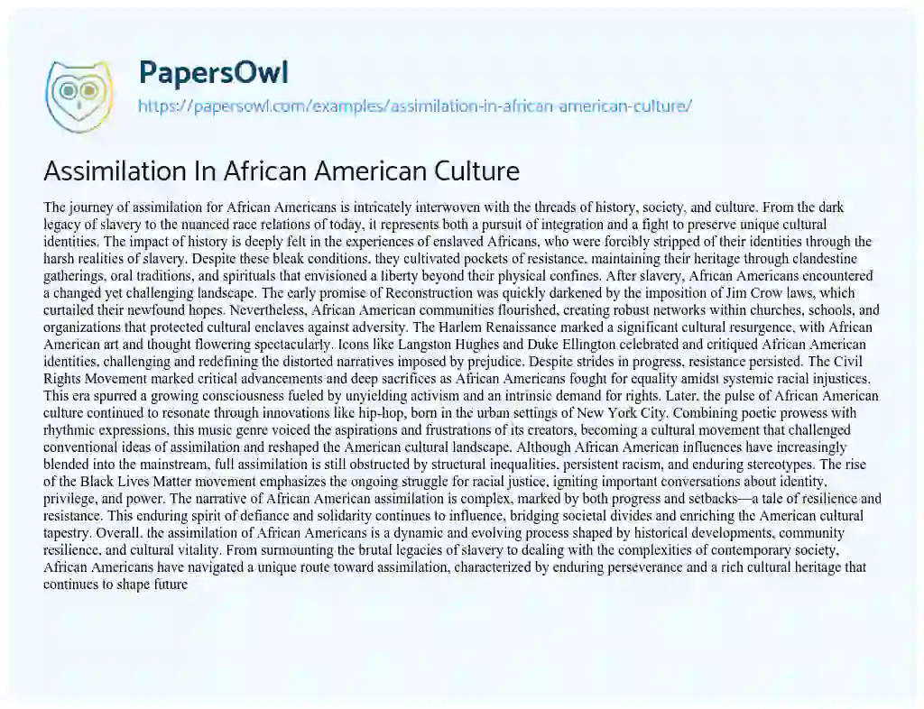 Essay on Assimilation In African American Culture