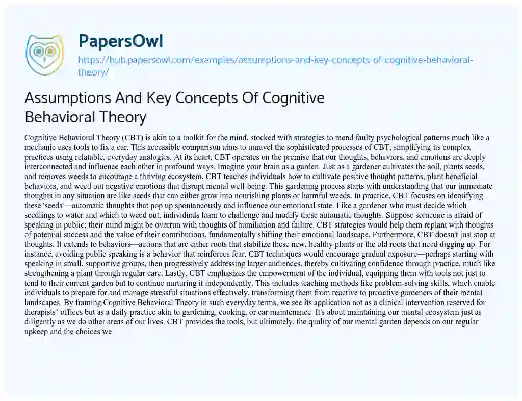 Essay on Assumptions And Key Concepts Of Cognitive Behavioral Theory