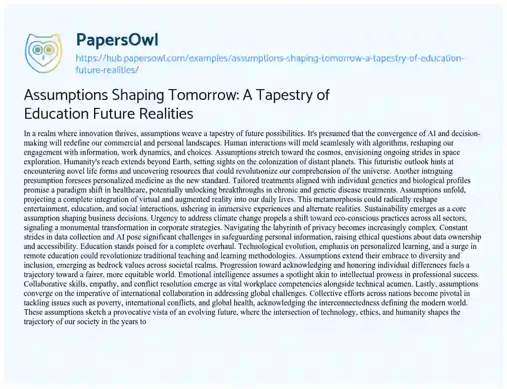 Essay on Assumptions Shaping Tomorrow: A Tapestry of Education Future Realities